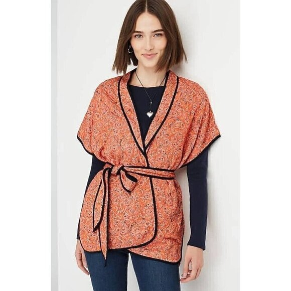 J Jill Belted Quilted Ruana Size XL-3X NWT Orange Paisley Belted Jacket Kimono - Picture 1 of 16
